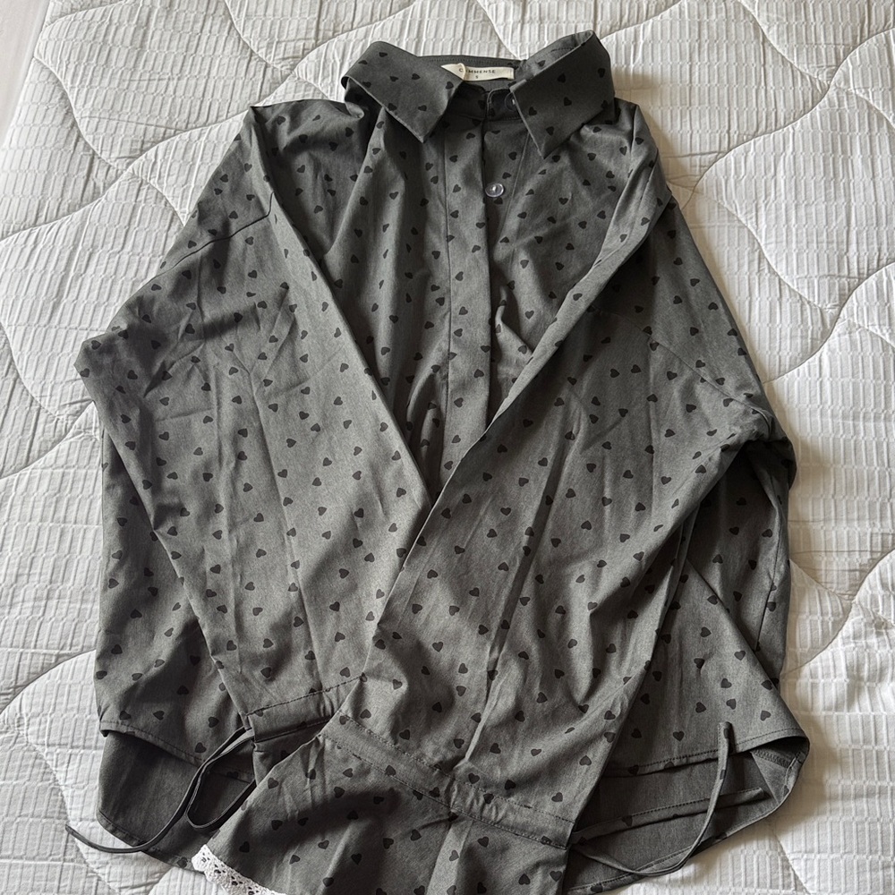 Gray Button-Up Shirt with Heart Pattern